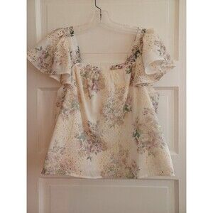 Solitaire floral & eyelet lace cropped blouse L flutter slv. boho cottagecore